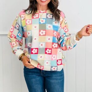 Colorful Floral Patchwork Sweater with rhinestones brand Davi and Dani NWT